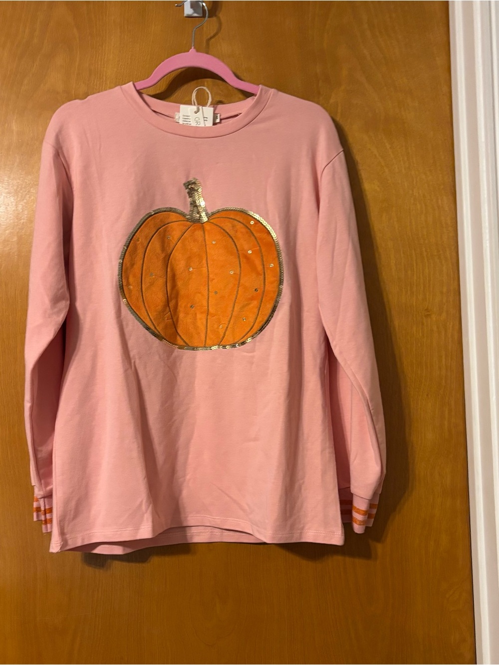 Women’s Pink Long-Sleeve Sweatshirt with Orange Pumpkin Applique - - Picture 3 of 4
